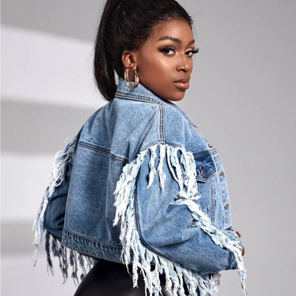 NWT Shein SXY Fringe Trim Drop Shoulder Denim Jacket - Picture 3 of 6